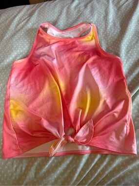 Xersion Pink & Yellow Tie-Front Athletic Tank Top